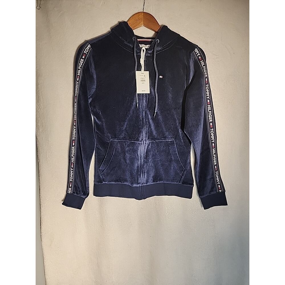 Tommy Hilfiger Women's Blue Velour Hoodie Logo Striped Sleeve XS New With Tags